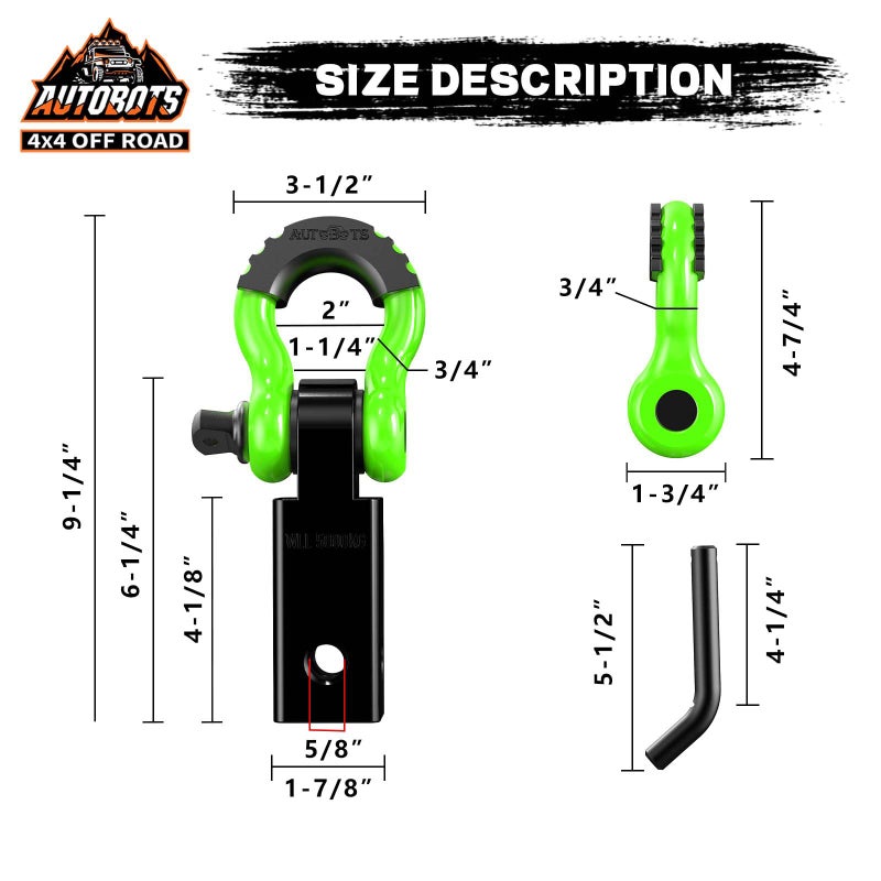AUTOBOTS Tow Hitch Receiver 2", 45,000 Lbs Break Strength Shackle Hitch Receiver with 5/8" Screw Pin, 3/4 Shackle, Towing Accessories for Vehicle Trailer Recovery Off-Road Green&Black - Image 4